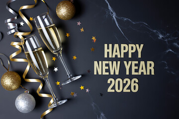 sophisticated happy new year 2026 design with champagne glasses and metallic accents