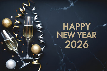 luxury new year's eve 2026 celebration featuring marble background and streamers