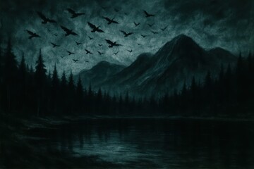 A dark painting of a forest with a lake and mountains in the background