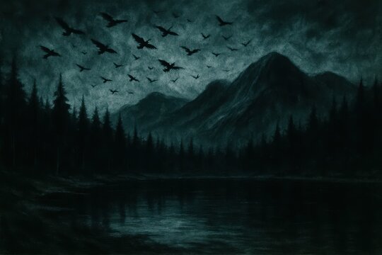 A dark painting of a forest with a lake and mountains in the background