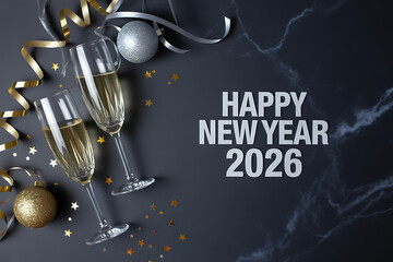 elegant happy new year 2026 with champagne flutes and gold silver decorations