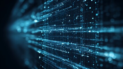 A digital grid with a matrix-like pattern, featuring blue and white lights, creating a futuristic and tech-savvy atmosphere.