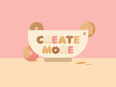 Inspiring Create More Motivation Typography Illustration with Colorful Donuts and Soft Pastel Background Art