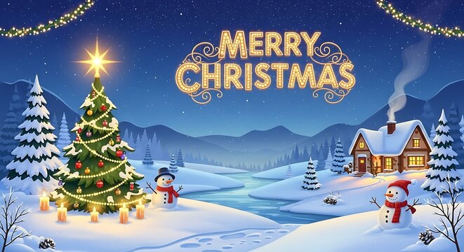 Christmas scene illustration with decorated tree and snowmen in winter wonderland - Powered by Adobe