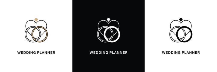 Elegant wedding planner logo with interlocking rings and heart motif, symbolizing union and commitment, rendered in minimal line art style on white background