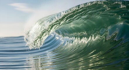 A powerful, emerald green ocean wave crests and curls with light reflecting through its translucent water, showcasing the raw beauty and dynamic energy of the sea on a bright day