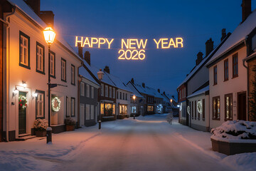 festive winter village scene for 2026 featuring snow-covered homes and holiday decorations