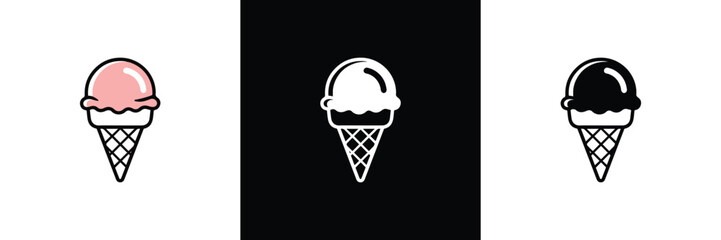 Set of three stylized ice cream cones, showing variety in color and background contrast, representing simple, modern design and sweet treats.