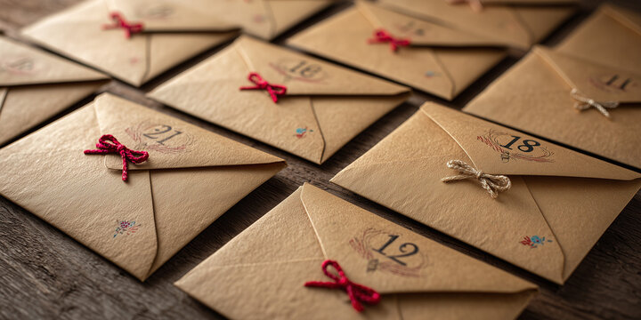 Decorative envelopes with colored ribbons arranged on wooden table  