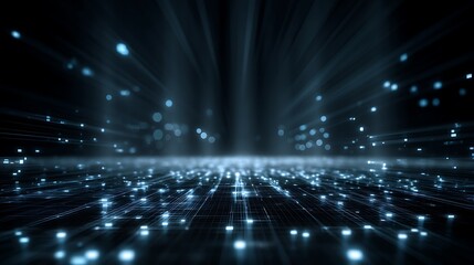 A digital landscape with glowing blue lights and a dark, high-tech background, featuring a grid of squares and lines.