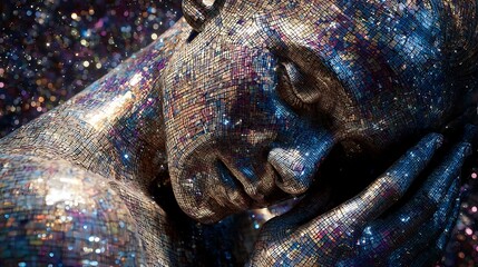 A detailed, multi-tiered sculpture adorned with sparkling elements, showcasing intricate craftsmanship and vibrant colors.