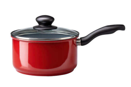 Red saucepan with glass lid and black handle isolated on black cooking kitchen