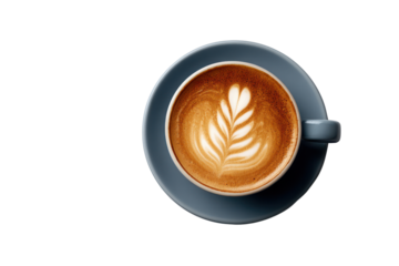 Overhead view of a latte with leaf art on a blue saucer against black coffee pattern