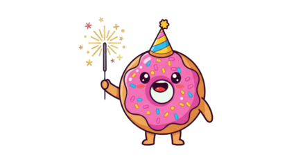 Cute cartoon donut character celebrating with a sparkler and party hat.