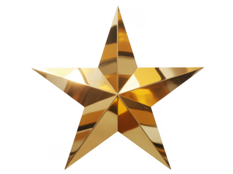 Golden five pointed star isolated on a transparent background