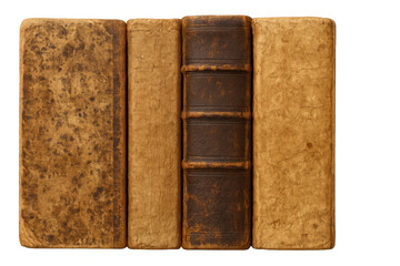 Row of antique books with worn covers and old leather spines, symbolizing historical knowledge and education on a transparent background