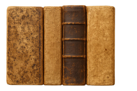 Row of antique books with worn covers and old leather spines, symbolizing historical knowledge and education on a transparent background