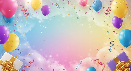 Celebration background with colorful balloons confetti and presents for special occasion