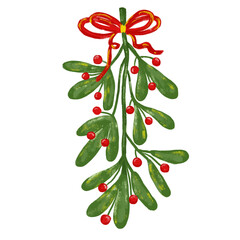 Cute watercolor crayon christmas xmas hanging mistletoe leaves leaf with red ribbon bow holiday greeting card element clipart kids hand drawn illustration design sticker vector