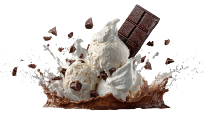 Delicious dark chocolate ice cream dessert with a piece of gourmet cocoa snack