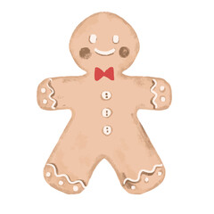 Cute christmas xmas watercolor crayon brown chocolate gingerbread man cookies doodle isolated on white background kids hand drawn illustration sticker decoration