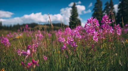 Stunning meadow of vibrant pink wildflowers swaying gently under a bright blue sky with fluffy clouds offering a peaceful summer vibe