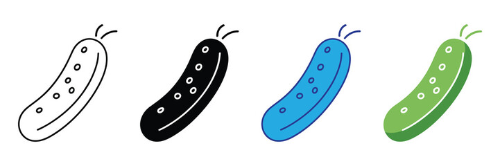 Stylized icons of a cucumber in outline, solid black, bright blue, and green, isolated on white, showcasing diversity in representation
