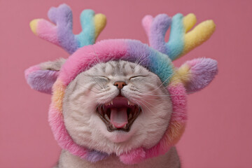 Cute Christmas Cat Portrait on Solid Background