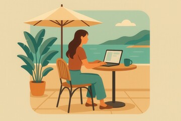 Fototapeta premium Remote working woman enjoying serene coastal view while typing on laptop at cozy café table under sunshade evoking creativity and tranquility