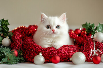 Cute Christmas Cat Portrait on Solid Background