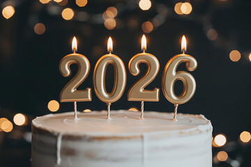 festive 2026 cake decoration with golden numbers and romantic bokeh background
