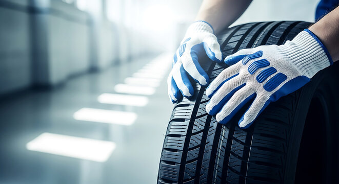 Closeup of a mechanics hands in gloves holding a car tire in a bright workshop