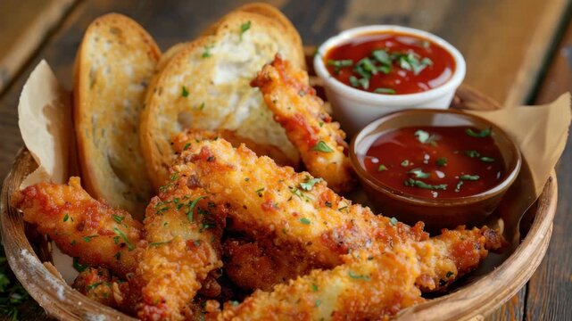 Crispy breaded chicken tenders with garlic bread and dipping sauces
