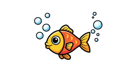 Cute cartoon goldfish swimming with bubbles in clear water.