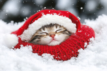 Cute Christmas Cat Portrait on Solid Background