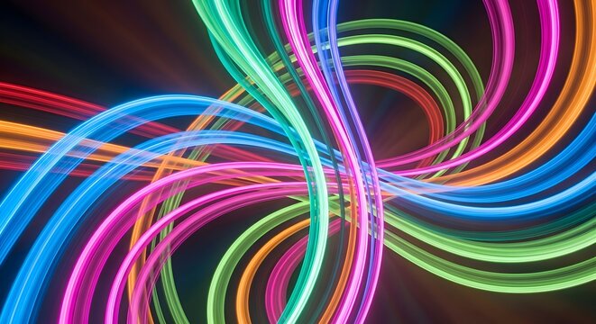 Abstract glowing neon light trails forming an intricate, vibrant, and futuristic luminous pattern on a dark background