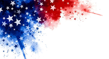 Abstract patriotic background with red and blue watercolor splashes and white stars, isolated on white background