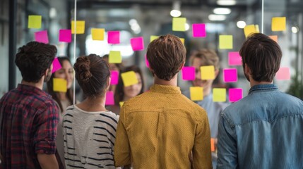 startup team brainstorming ideas with sticky notes on glass wall innovation and creativity in office