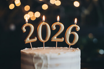 celebration cake for 2026 featuring lit golden numerals and warm holiday glow