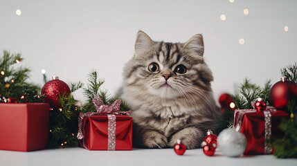 Cute Christmas Cat Portrait on Solid Background