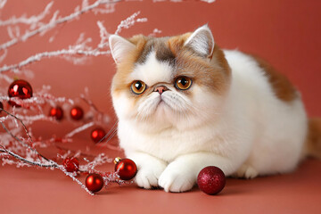 Cute Christmas Cat Portrait on Solid Background