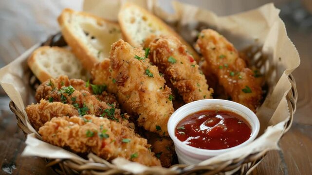 Golden fried chicken tenders served with bread and dipping sauce