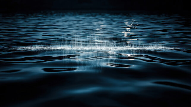 Technological water surface light and shadow scene with deep blue tones and light band creating mysterious digital art atmosphere