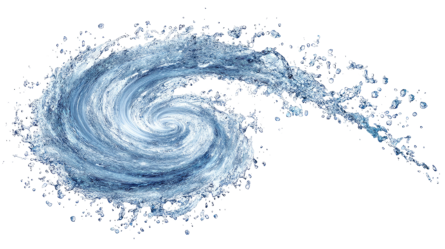 Blue water splash, abstract motion of clean liquid drops and bubbles, isolated on white background