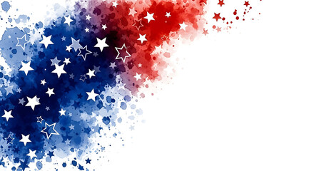 Abstract patriotic background with red and blue watercolor splashes and white stars, isolated on white background