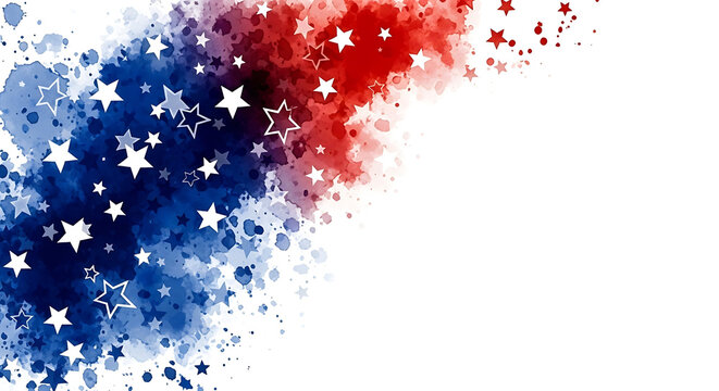 Abstract patriotic background with red and blue watercolor splashes and white stars, isolated on white background