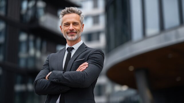 mature businessman smiles confidently with crossed arms near office building the man is wearing suit looking at the camera he expresses success and positive attitude - Powered by Adobe