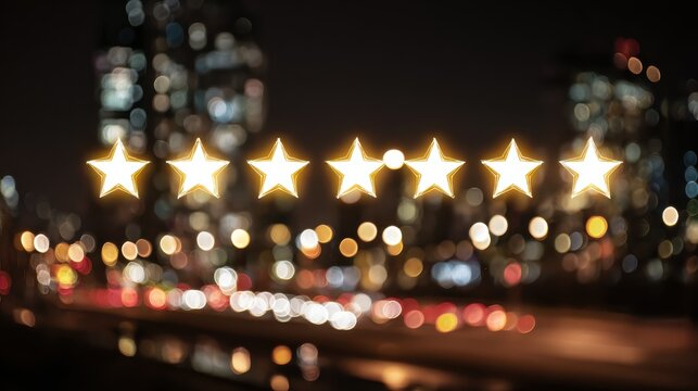 digital interface displaying glowing reviews with five stars and blurred city lights in the background