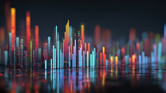 a dynamic colorful digital bar chart illustrating complex data visualization and financial market trends with vibrant reflections