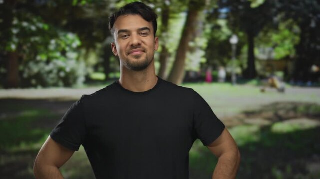 Young man in black shirt smiling confidently outdoors in a sunny park with lush green trees in the background, showcasing an urban casual lifestyle setting.